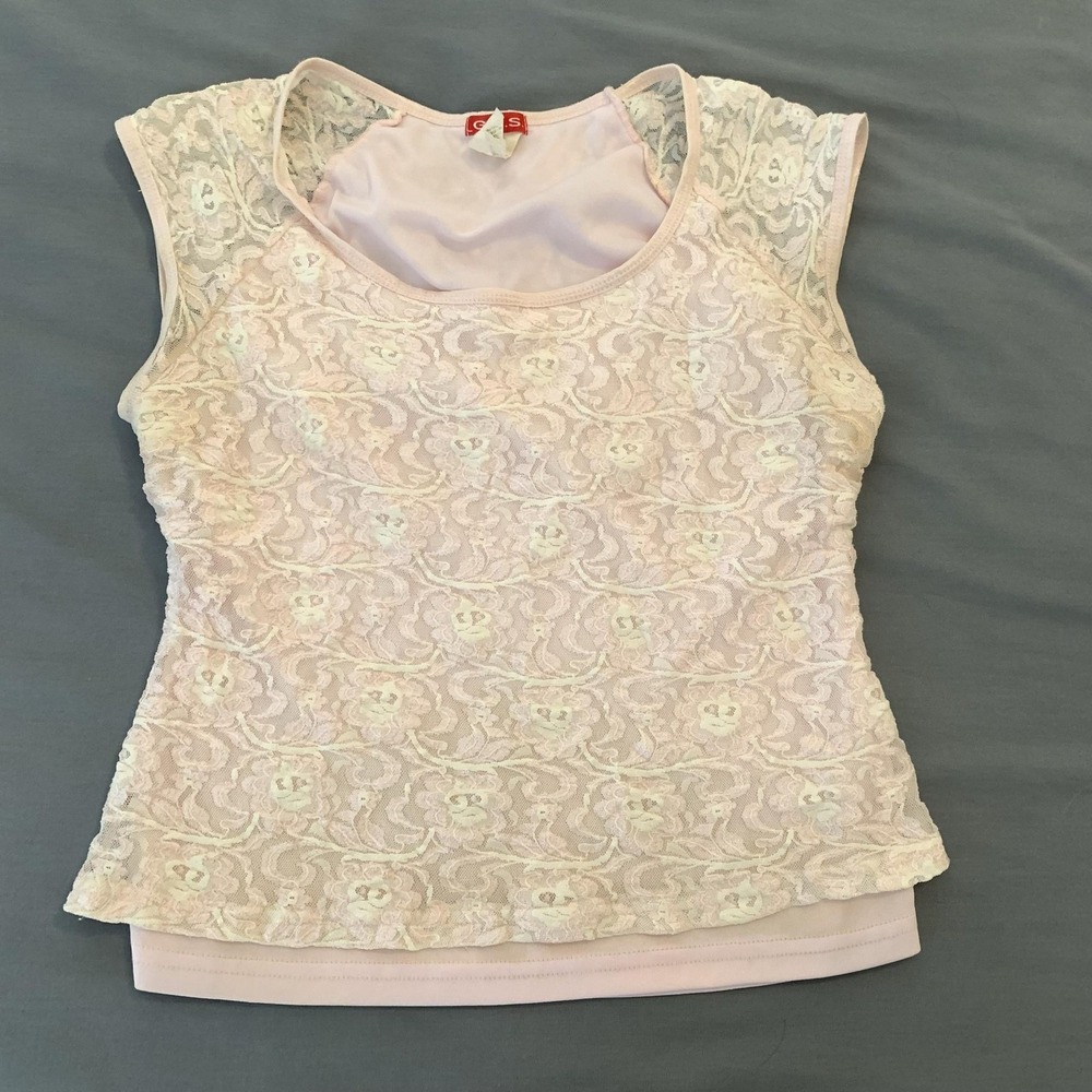 G.A.S. Shirt Womens Large Pink Lace Floral Sleeveless‎ Lined Tank Top Cami